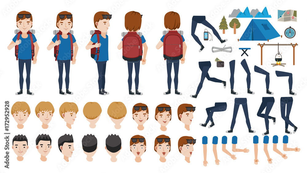 Man backpack  Man backpack travel adolescence creation set. animated character. Icons with different types of faces, hair style, emotions, front, rear, side view of male person. Moving arms, legs.
