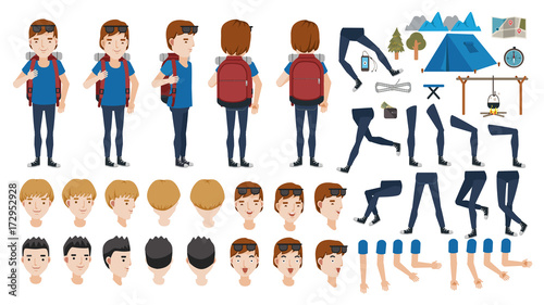 Man backpack  Man backpack travel adolescence creation set. animated character. Icons with different types of faces, hair style, emotions, front, rear, side view of male person. Moving arms, legs.