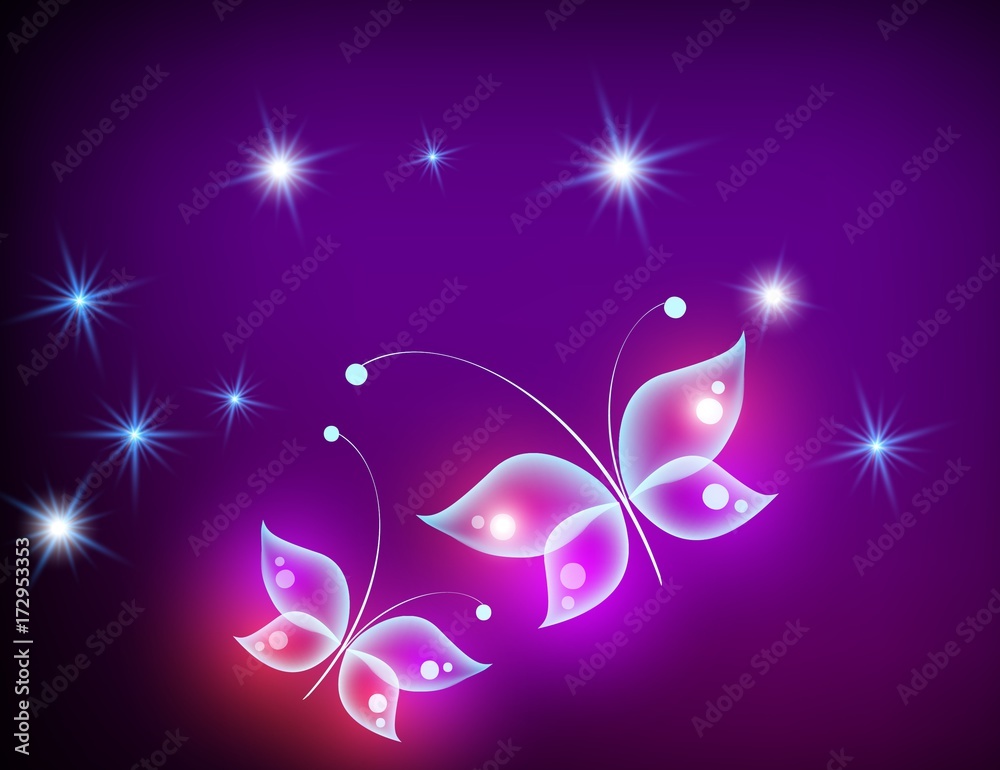 Glowing background with magic  butterflies and sparkling stars
