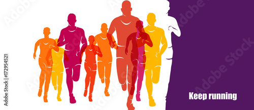 Running marathon, people run, colorful banner