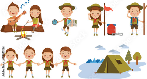Scouts honor character Set.Children hand in hand.hand gesture Camping.Boy playing guitar around the campfire.Kid studying a tour route map.camping tent.Roasting sausage on campfire. photo