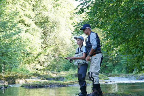 Dad with young boy fly-fishing in river