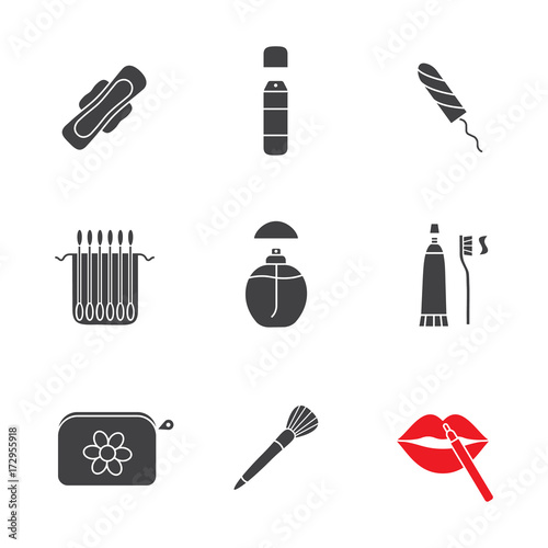 Cosmetics accessories glyph icons set