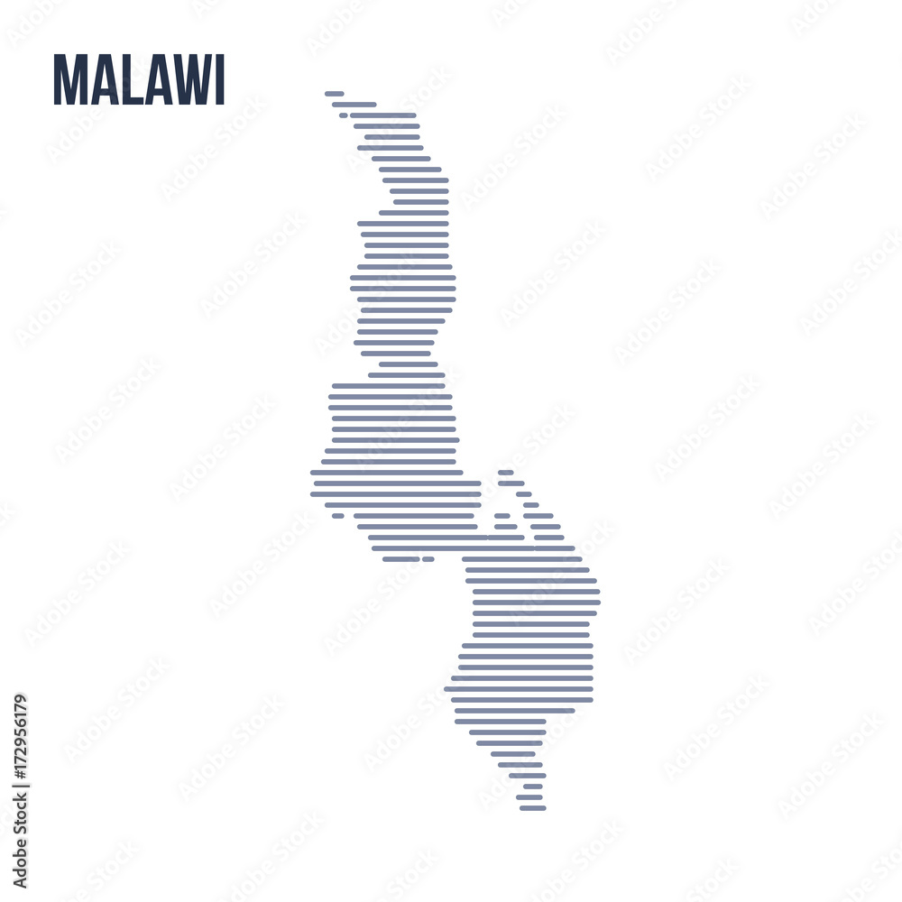 Vector abstract hatched map of Malawi with horizontal lines isolated on a white background. Vector abstract hatched map of Malawi with horizontal lines isolated on a white background.