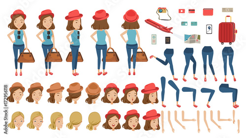 Tourist Woman Travel creation set. animated character. at airport. Icons with different types of faces and hair style, emotions, front, rear, side view of female person. Moving arms, legs. Isolated  © ann131313.a