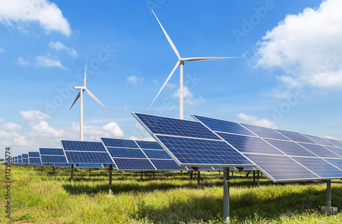 Canvas Print solar panels and wind turbines generating electricity in power station green ene