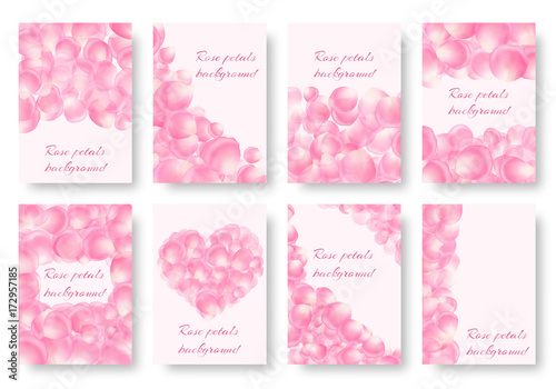 Set of rectangular backgrounds of A4 format with red rose petals for the design of greeting cards in a romantic style. Vector backdrops with a floral pattern.
