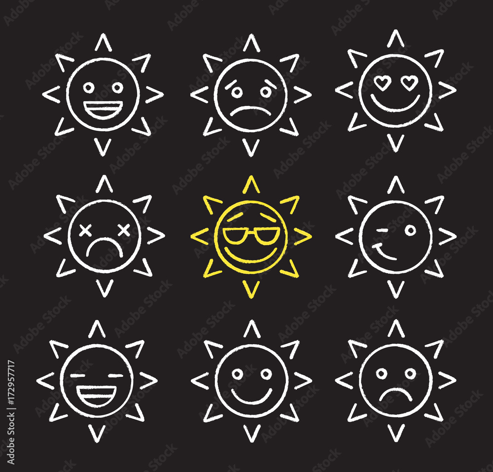 Sun smiles chalk icons set