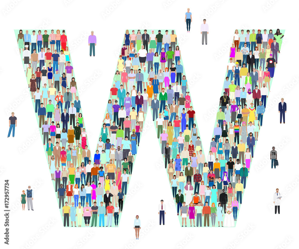 Letter W, different people, vector illustration