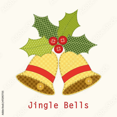 Cute Christmas bells with holly berry as retro fabric applique in shabby chic style