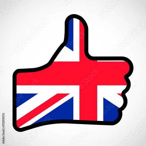 Flag of Great Britain in the shape of Hand with thumb up, gesture of approval, meaning Like, finger sign, flat design illustration.