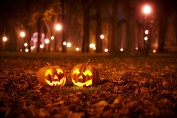 Two Kind Halloween Pumpkins in the park