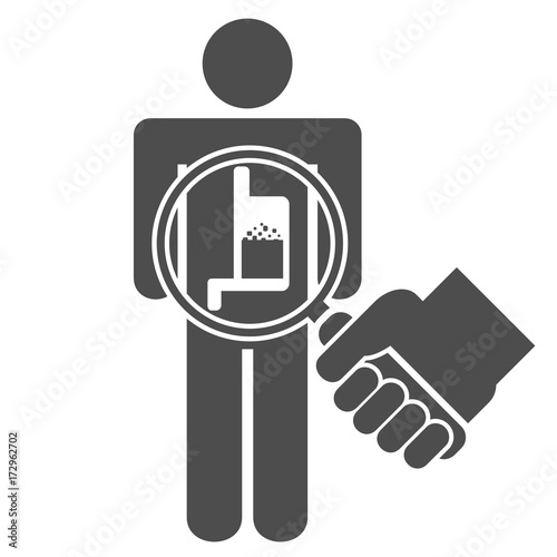 Stomach inspection icon concept. Hand holding magnifying glass over a stick man or figure