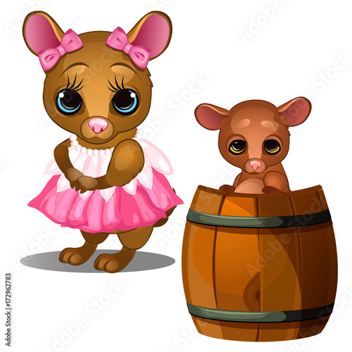 Female mouse in pink dress and baby mouse bathing in wooden barrel. Cartoon animals character for animation, childrens illustrations, book and other design needs. Vector isolated on white background