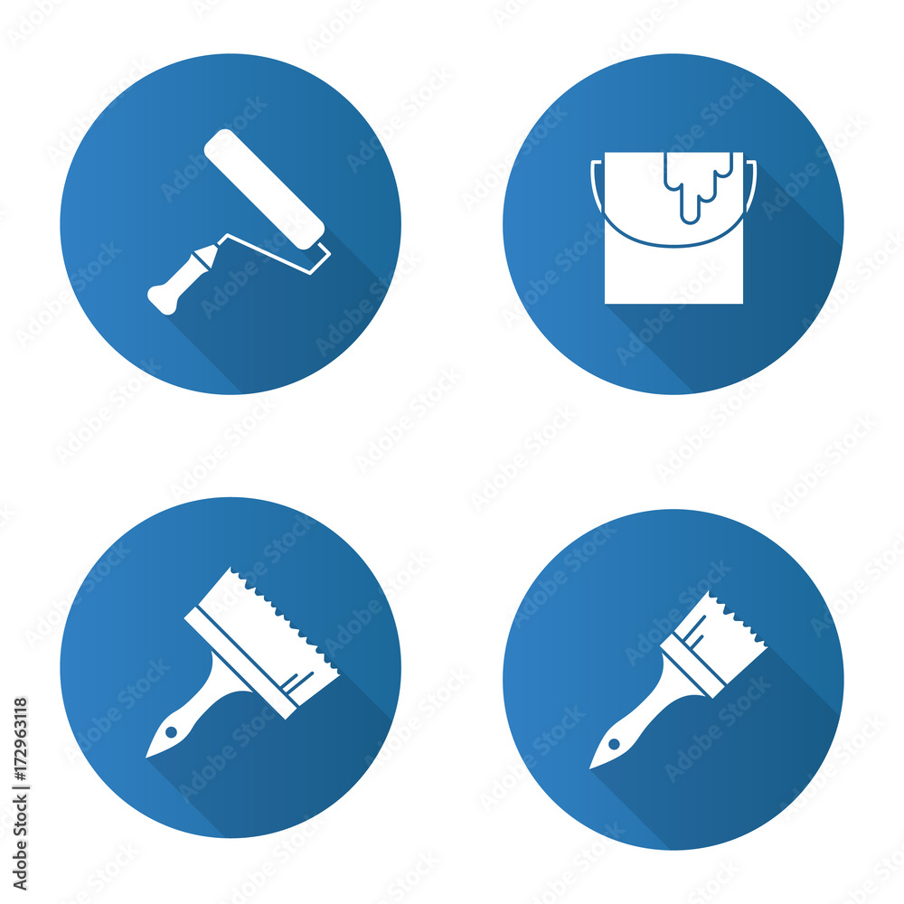 Painting tools flat design long shadow glyph icons set Painting tools flat design long shadow glyph icons set
