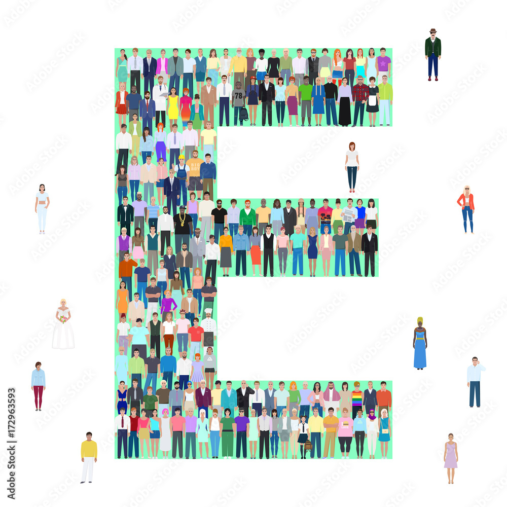 Letter E, different people, vector illustration