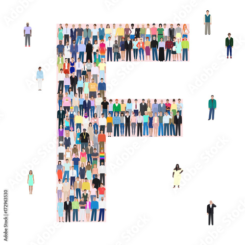 Letter F, different people, vector illustration