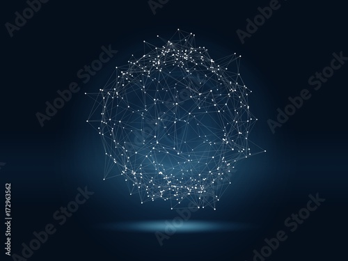 Futuristic hight technology background with connected glowing dots and lines. Virtual 3D illustration of polygonal sphere as global network concept. photo