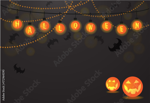 Halloween light balls background text letters vector for Halloween card party, Halloween night, trick or treat, invitation card, gift tags, bat, and Jack-o-Lantern -orange, yellow glow neon colors. 