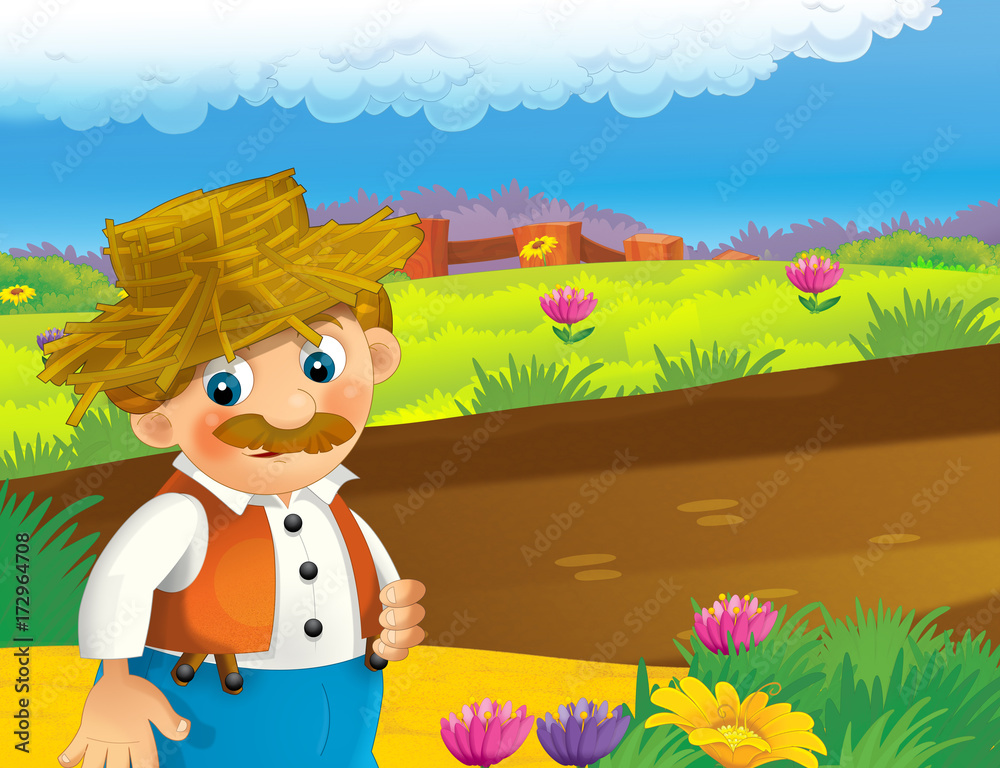 cartoon scene with happy man working on the farm - standing and smiling / illustration for children cartoon scene with happy man working on the farm - standing and smiling / illustration for children