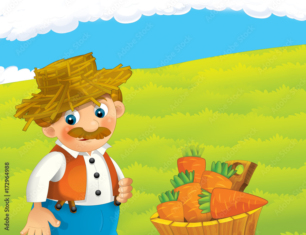cartoon scene with happy man working on the farm - standing and smiling / illustration for children cartoon scene with happy man working on the farm - standing and smiling / illustration for children