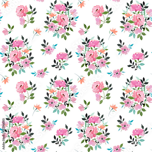 Seamless pattern with abstract pink summer flowers in a bouquet, flower field.