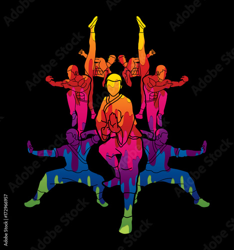 Kung fu action composition designed using melting colors graphic vector.