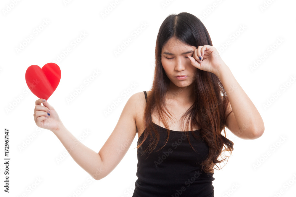Asian woman sad and cry with red heart. Asian woman sad and cry with red heart.