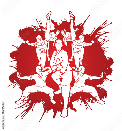 Kung fu action composition designed on splatter blood background graphic vector.