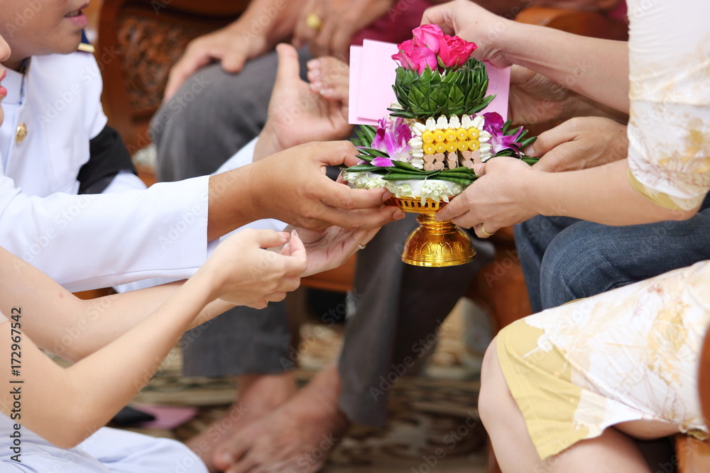 Groom and bride holding Khan makk or tray of gifts in traditional Thai wedding ceremony. Concept of marriage. Groom and bride holding Khan makk or tray of gifts in traditional Thai wedding ceremony. Concept of marriage.