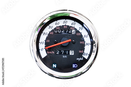 Speedometer motorcycle isolated on white background photo