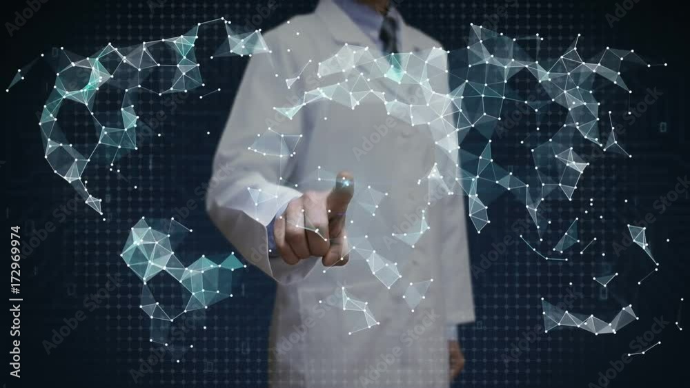 Scientist, engineer touching Dots gather to create global world map, internet of things. financial technology.