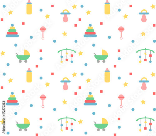 Baby pattern in pastel colours with toys & objects