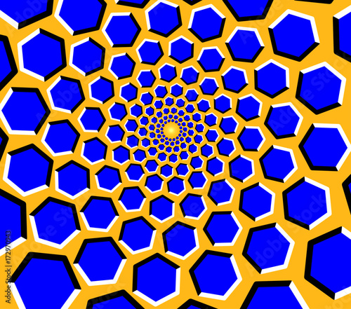 Optical illusion - blue hexagons moving on a yellow background photo