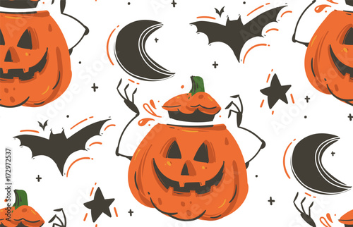 Hand drawn vector abstract cartoon Happy Halloween illustrations seamless pattern with bats,pumpkins,moon and stars isolated on white background