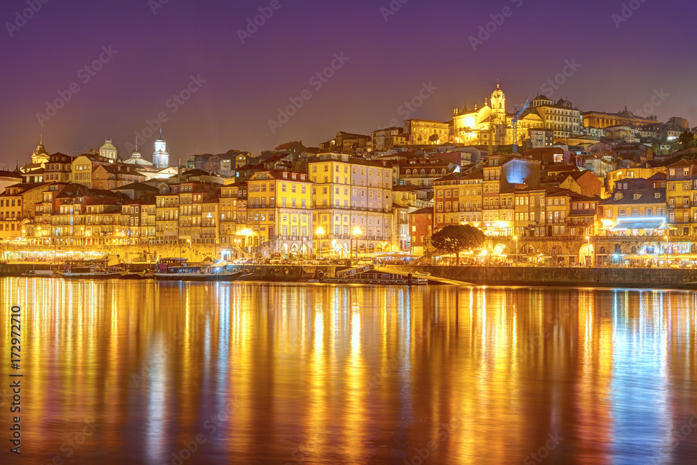 Panorama old city Porto and river Duoro at sunset