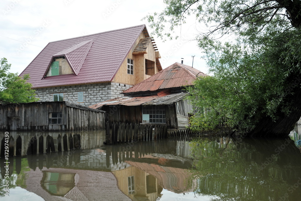 Fototapeta premium Flood. The river Ob, which emerged from the shores, flooded the outskirts of the city.