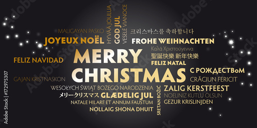 merry christmas greeting card with golden letters in different languages on black background