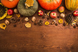 Thanksgiving dinner. Autumn fruit with plate and cutlery. Thanksgiving autumn background. Flat lay, top view