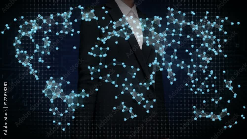 Businesswoman touching Wireless communication icon, makes global world map, internet of things. financial technology.