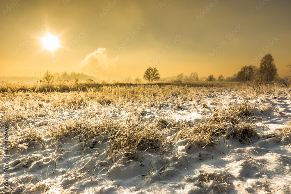 Winter landscape of field in snow and sky with sun in the morning frost Winter landscape of field in snow and sky with sun in the morning frost