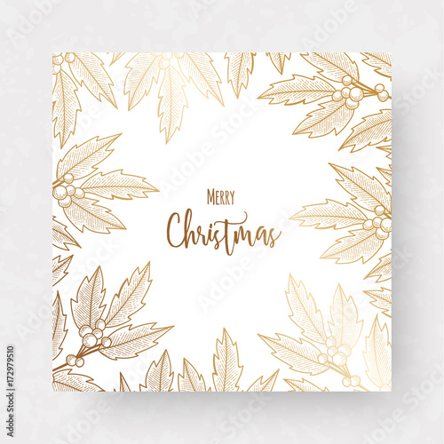 Christmas golden card with holly berry
