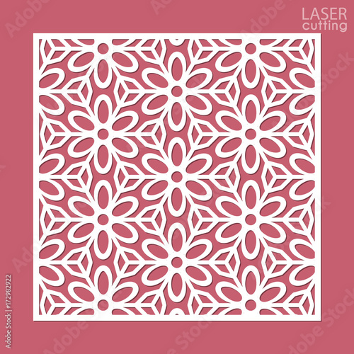 Laser cut square ornamental panel with pattern of flowers. Floral template of wedding invitation or greeting card. Cabinet fretwork screen. Metal design, wood carving.