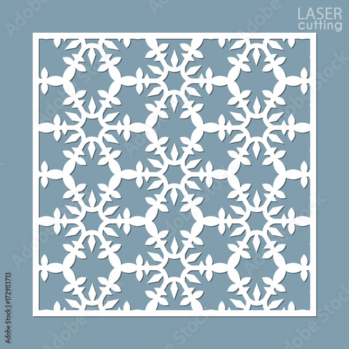Laser cut square ornamental panel with snowflakes pattern. Template of Christmas invitation or New Year greeting card. Cabinet fretwork screen. Metal design, wood carving.