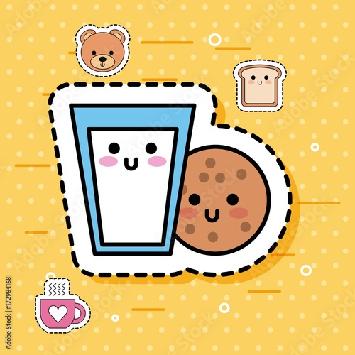 kawaii cookie glass milk breakfast sweet fantasy vector illustration