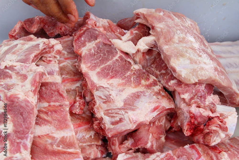 Raw pork ribs for cooking in market