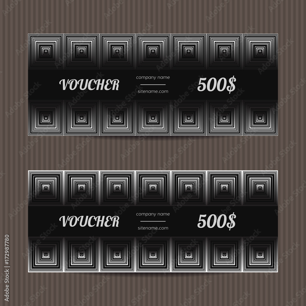 Set of two gift vouchers. Invitation card template. Coupon discount collection. Silver and black tickets.