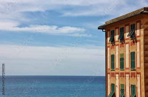 Old colorful building in Boccadasse with sea view, Liguria, italy 