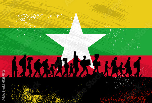 Silhouette of refugees people walking with flag of Myanmar as a background