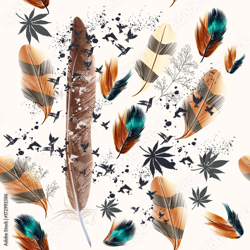 Feather pattern with hand drawn feathers